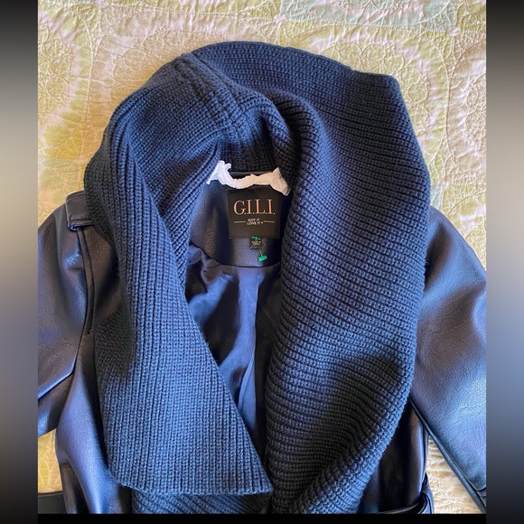 G.I.Ll. Blue faux leather belted moto jacket, attached knit shawl collar NWOT - Picture 9 of 15